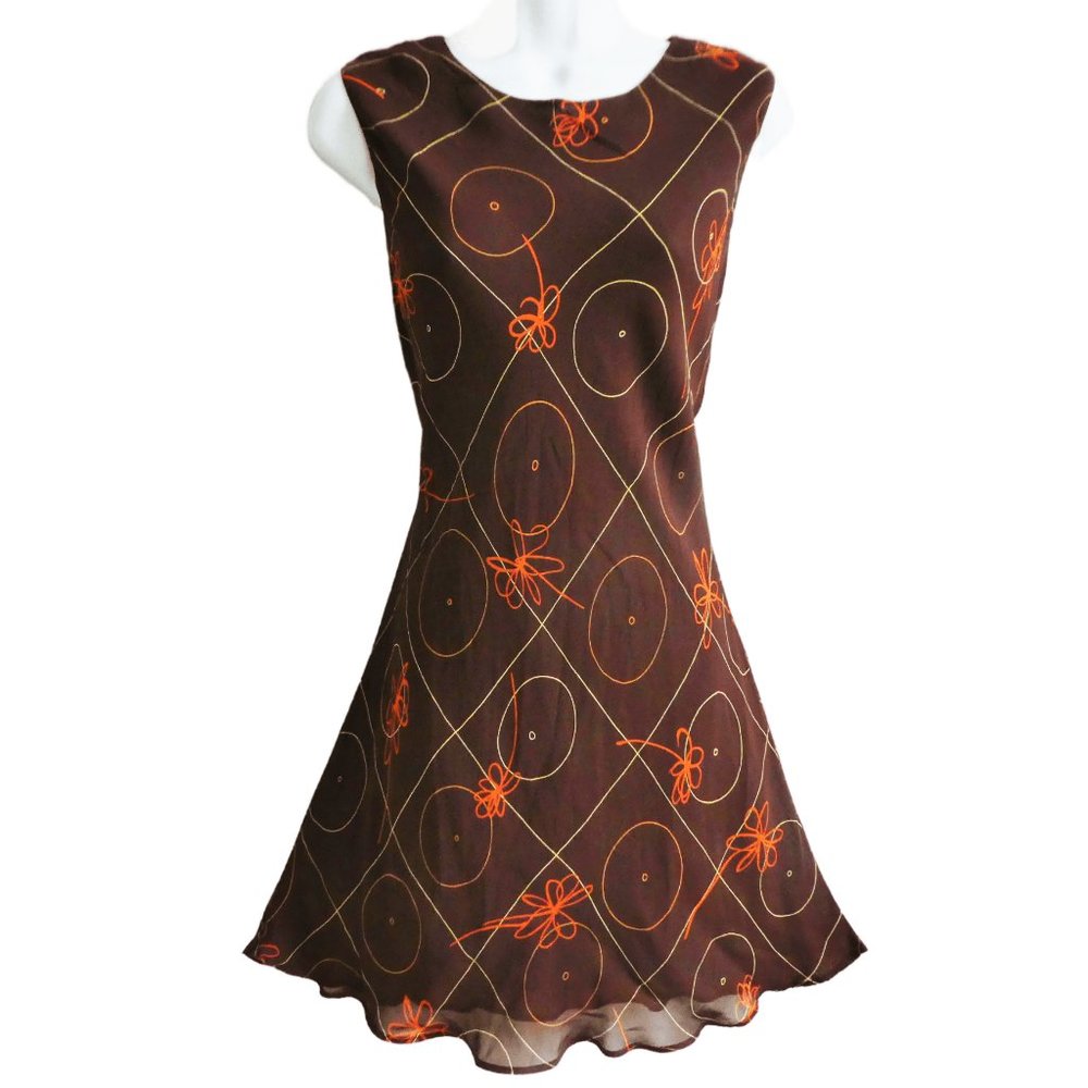 Vintage 90s Dress Geo Floral Brown Orange Lined Tessuto Keyhole Button Back USA